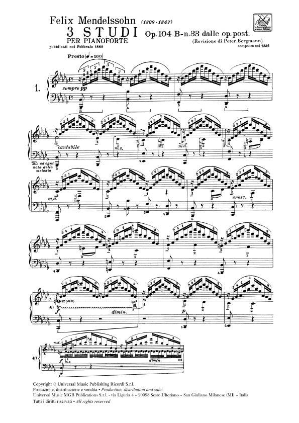 3 Studi Op. 104 B - N. 33 Delle Opere Postume - Per Pianoforte - pro klavír